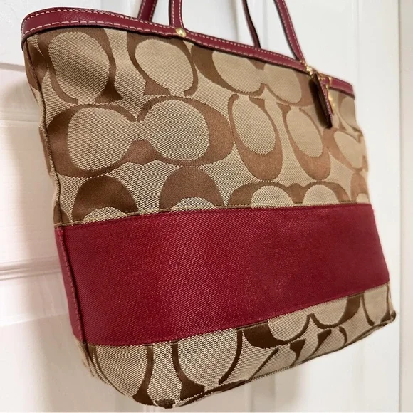 Coach Signature Jacquard Burgundy Sripe Tote With Leather Trim Y2K - Picture 3 of 12